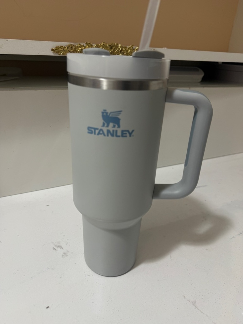 Stanley Light Gray Insulated Travel Mug with Handle and Straw - Picture 1 of 10